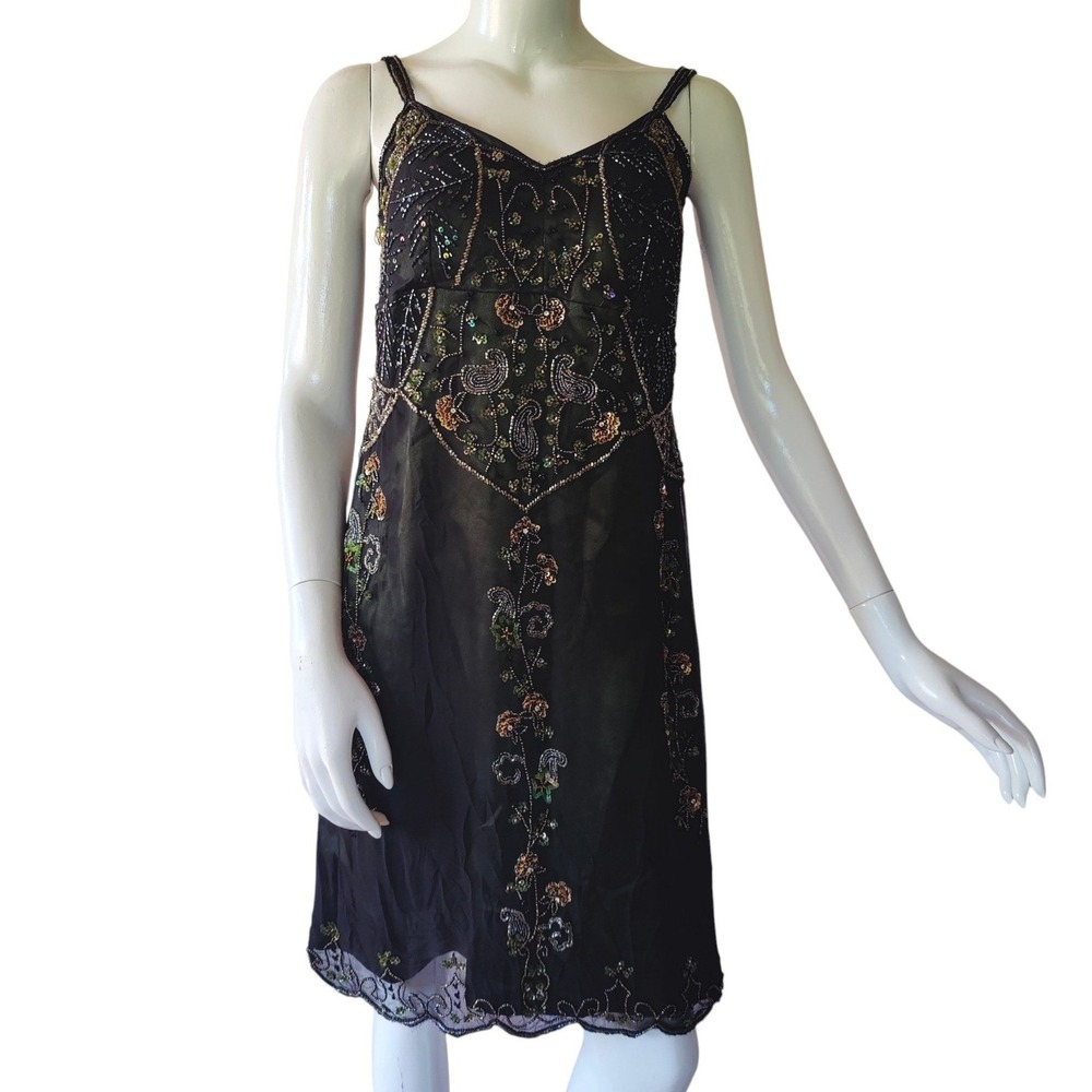 Vintage 90s Marina Silk Beaded Mini Dress Floral Fairy Grunge Green Whimsigoth 8
